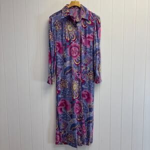 Vintage Womens 60s 70s Psychadelic Boho Floral Button Down Dress Size M Art Deco